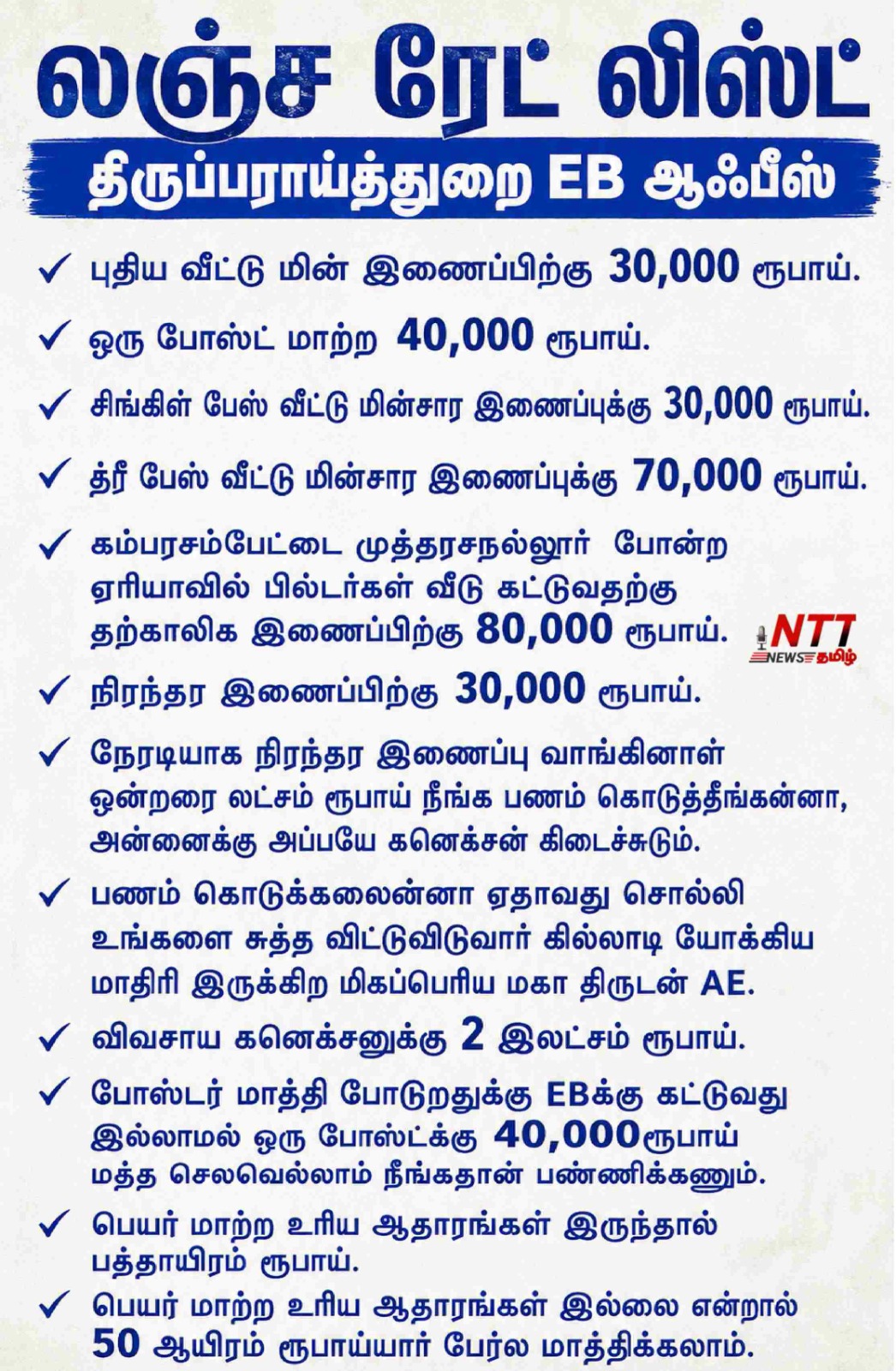 லஞ்ச ரேட் லிஸ்ட்- திருப்பராய்த்துறை மின்சார வாரிய அலுவலகம்.தரிகெட்டு ஓடும் புரோக்கர்கள் – கதறவிடும் கார்த்திகேயன் -AE – ஆதாரங்களைத்தருகிறோம் ஆக்‌ஷனில் இறங்குவாரா அமைச்சர் நிர்மல்குமார்?